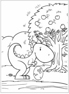 Friendly Dinosaur Smiling with Egg Next to Apple Tree Story coloring page