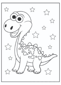 Friendly Dinosaur Smiling Under Twinkling Stars in Magical Universe coloring page