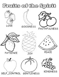 Fruits with positive qualities: a tasty tale coloring page