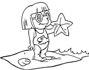 Girl holds starfish on crashing beach coloring page