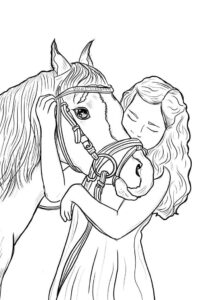 Girl kisses horse: a moment of love coloring page