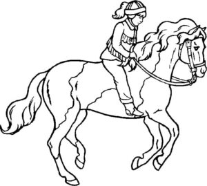 Young girl rides powerful horse coloring page