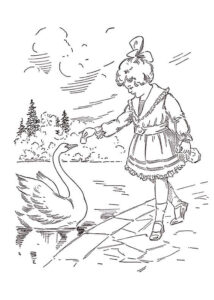 Girl, swan, and a moment of grace coloring page