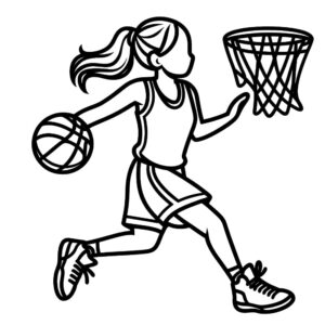 Girl’s eyes narrow, basketball challenge coloring page