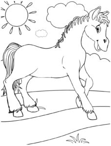 Golden horse: joyful grin in sunlight coloring page