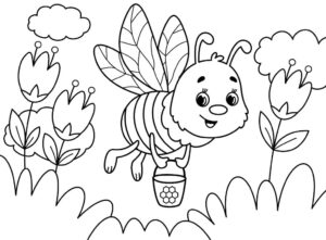 Happy bee buzzes past flowers & cloud coloring page