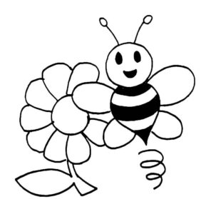 Happy bee holds six-petal flower coloring page