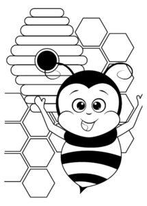 Happy bee holds sweet honeycomb coloring page