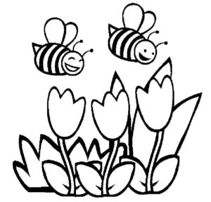 Happy bees buzzing over tulips coloring page