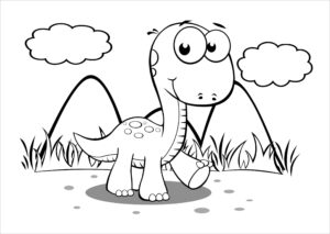 Happy Smiling Cartoon Dinosaur in Grassy Area coloring page