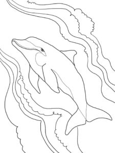 Happy dolphin surfs ocean waves coloring page