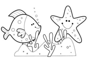 Happy fish & smiling starfish on reef coloring page