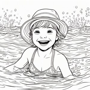 Happy girl splashes in summer lake coloring page