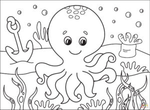 Happy octopus: surrounded by helping hands coloring page