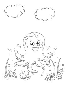 Happy octopus in cloudy seaweed paradise coloring page