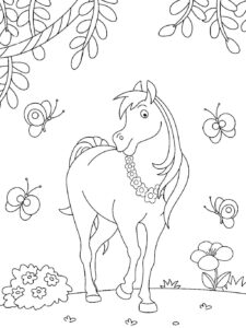 Horse & butterflies: tranquil forest scene coloring page