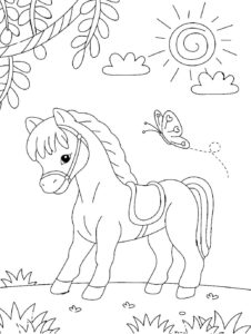 Horse & butterfly: sunlit garden play coloring page