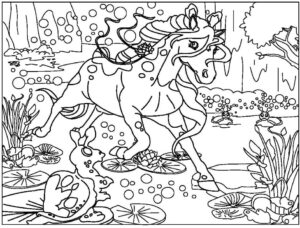 Horse gallops on ocean floor: surreal scene coloring page