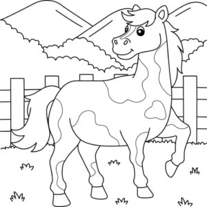 Horse gallops towards majestic mountains coloring page