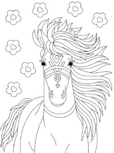 Horse gallops through colorful wildflowers coloring page
