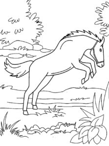 Horse leaps through vibrant nature coloring page