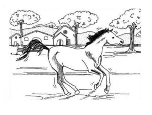 Horse races past farmhouse and orchards coloring page