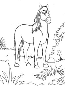 Horse stands still in green field coloring page