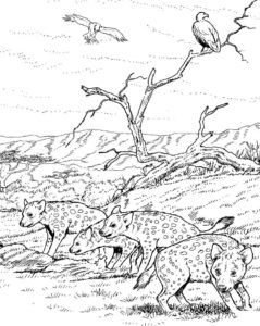 Hyenas watch sky, bird flies overhead coloring page