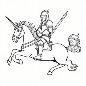 Knight, unicorn, sword: adventure awaits coloring page