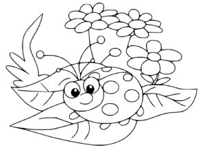 Ladybug on leaf, flowers blooming coloring page