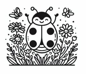 Ladybug smiles in flower field coloring page