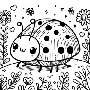 Ladybug smiles on flower with hearts coloring page