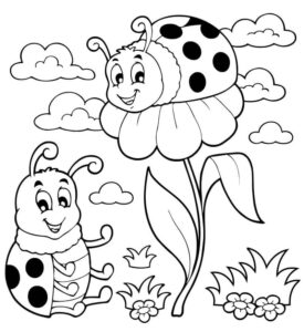 Ladybug smiles by tall flower coloring page