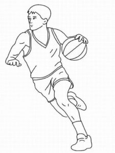 Leaping figure with sphere: stark line art coloring page