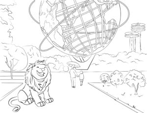 Lion, umbrella, globe: a moment captured coloring page