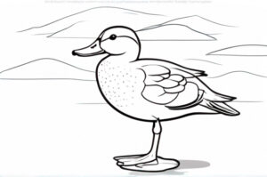 Lonely duck, majestic mountain backdrop coloring page