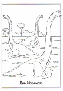 Majestic brachiosaurus dinosaurs wading through calm waters in serene scene coloring page