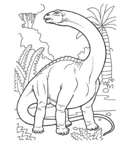 Majestic dinosaur drawing surrounded by lush palm trees and mystery coloring page