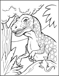 Majestic dinosaur and towering tree at sunset: a prehistoric scene coloring page