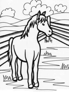 Majestic horse gazes at distant horizon coloring page