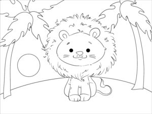 Majestic lion smiles amidst palm trees coloring page