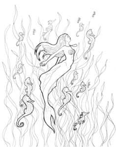 Mermaid’s grace: seahorses & serenity coloring page