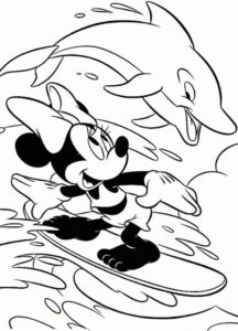 Mickey mouse surfs with dolphins coloring page