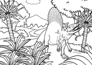 Mighty dinosaur roars in lush jungle with towering palm trees coloring page