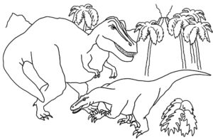 Mighty dinosaurs in black and white drawing among palm trees coloring page