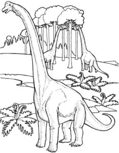 Mighty dinosaurs roam freely in the heart of the forest coloring page