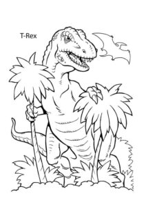 Mighty T-Rex Drawing with Palm Trees: Prehistoric Storybook Scene coloring page