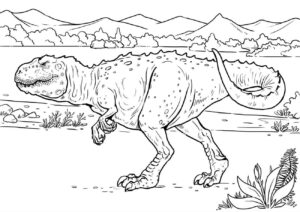 Mighty T-Rex Roaming Through Lush Landscape: A Prehistoric Scene coloring page