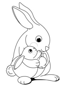 Mother bunny’s tender care for her young coloring page