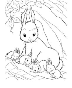 Mother rabbit cradles three tiny bunnies coloring page